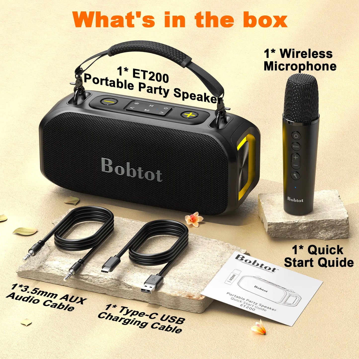 Bobtot ET200 Bluetooth Portable Speaker with 2 Wireless Mics, 40W Full Bass Audio, IPX5 Waterproof, Weatherproof Loudspeaker System, 8000Mah Battery, Handle Design for Home & Party, Water Proof,Summervibes