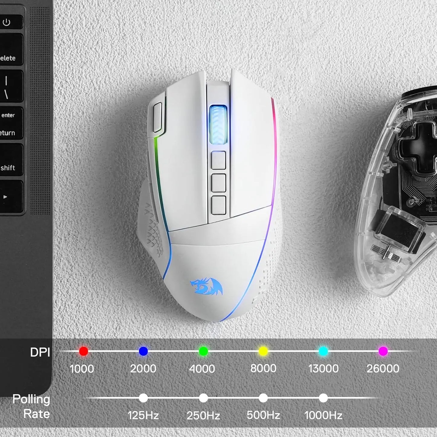 Redragon M991 Wireless Gaming Mouse, 26000 DPI 3-Mode Gamer Mice W/Rapid Fire Key, 9 Macro Buttons, Powerful Capacity and RGB Backlight for Pc/Mac/Laptop, White