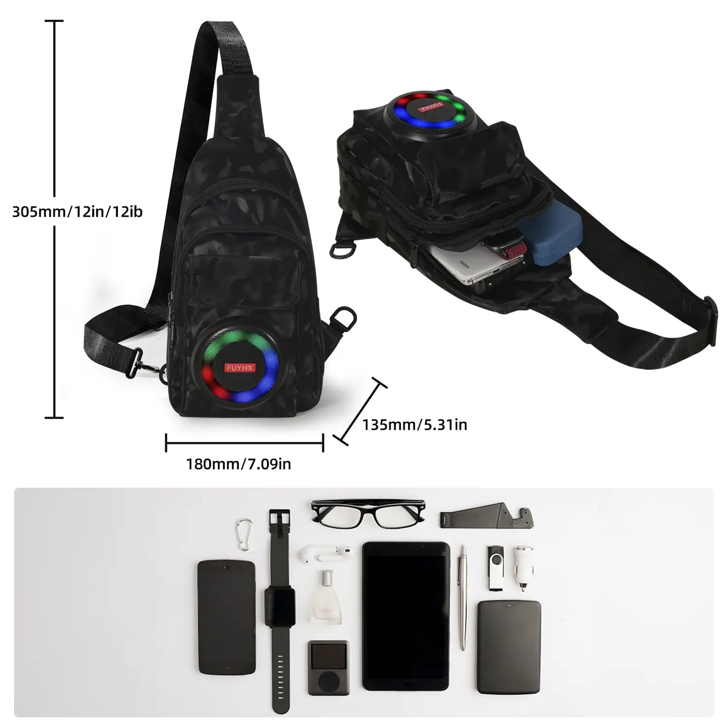 Waterproof Bluetooth 5.3 Outdoor Speakers Chest Bag with 10W Subwoofer and Built-In Battery for Leisure Activities
