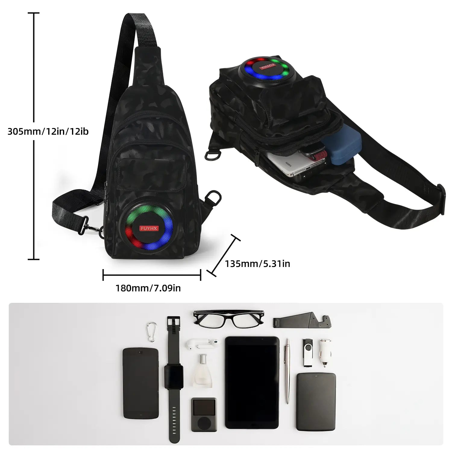 Waterproof Bluetooth 5.3 Outdoor Speakers Chest Bag with 10W Subwoofer and Built-In Battery for Leisure Activities