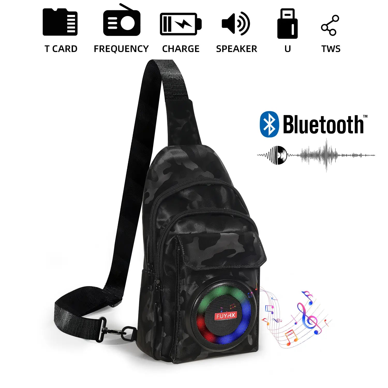 Waterproof Bluetooth 5.3 Outdoor Speakers Chest Bag with 10W Subwoofer and Built-In Battery for Leisure Activities