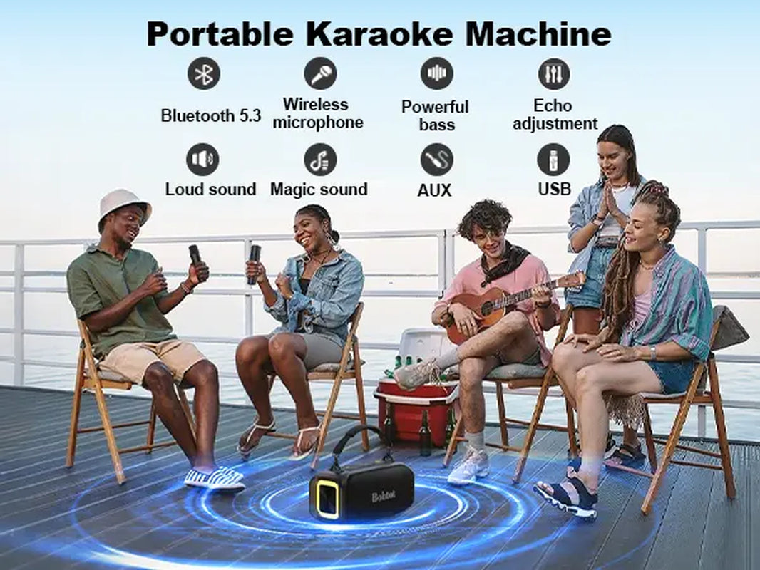 Bobtot ET200 Bluetooth Portable Speaker with 2 Wireless Mics, 40W Full Bass Audio, IPX5 Waterproof, Weatherproof Loudspeaker System, 8000Mah Battery, Handle Design for Home & Party, Water Proof,Summervibes