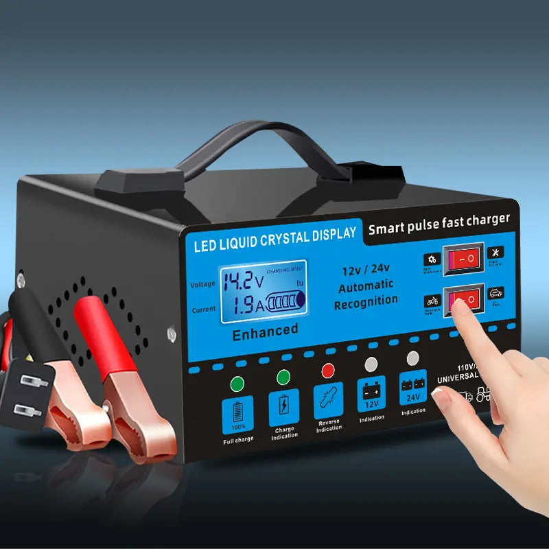 12V and 24V Smart Universal Battery Charger with LCD Display, Smart Maintenance, Temperature Compensation, Overcharge and Short-Circuit Protection, Suitable for Intelligent Trickle Charging and Maintenance of Car, SUV, Truck, Yacht, Emergency Starter