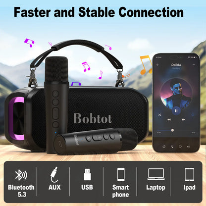 Bobtot ET200 Bluetooth Portable Speaker with 2 Wireless Mics, 40W Full Bass Audio, IPX5 Waterproof, Weatherproof Loudspeaker System, 8000Mah Battery, Handle Design for Home & Party, Water Proof,Summervibes