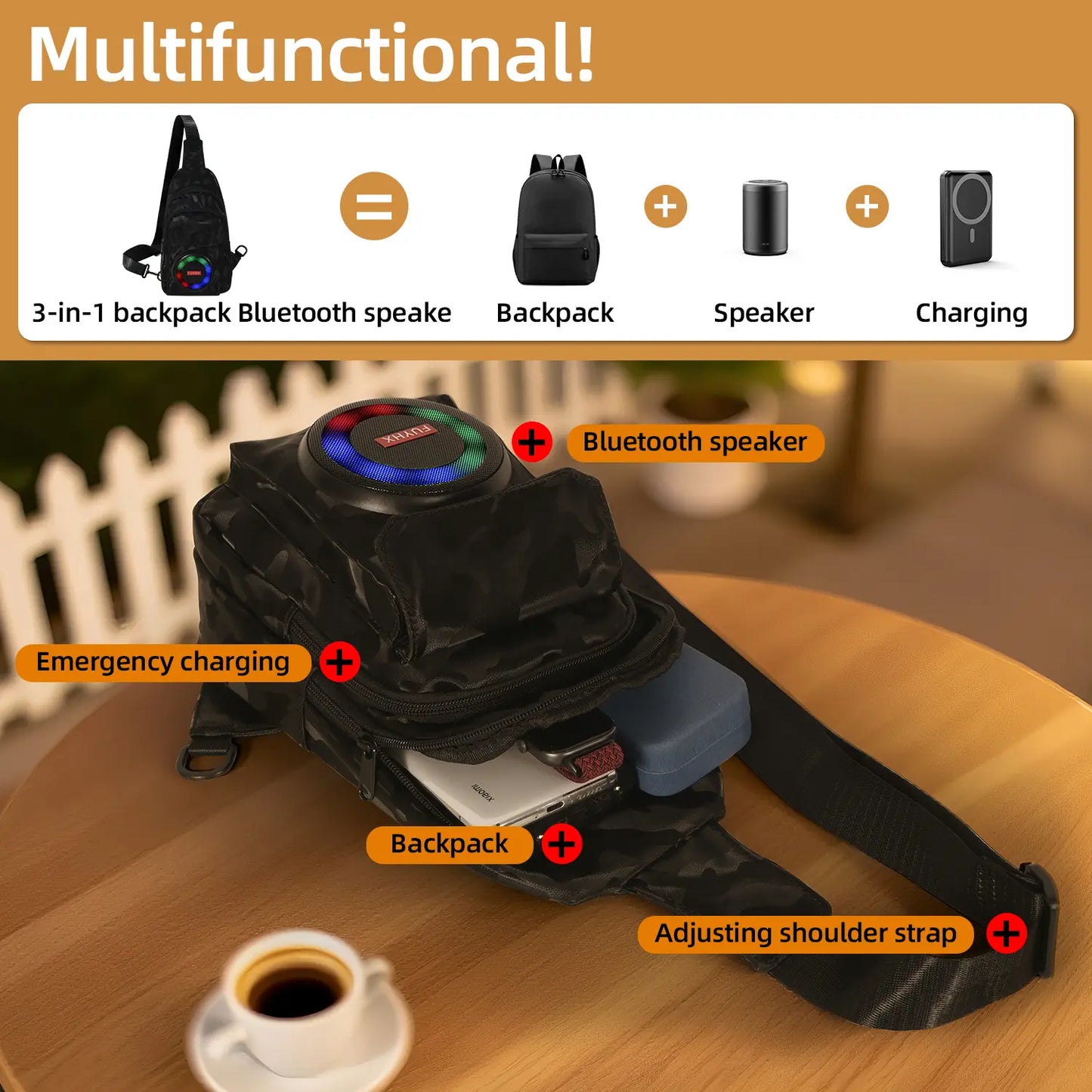 Waterproof Bluetooth 5.3 Outdoor Speakers Chest Bag with 10W Subwoofer and Built-In Battery for Leisure Activities