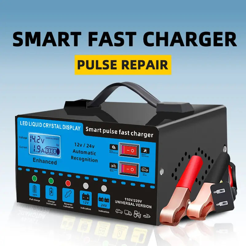12V and 24V Smart Universal Battery Charger with LCD Display, Smart Maintenance, Temperature Compensation, Overcharge and Short-Circuit Protection, Suitable for Intelligent Trickle Charging and Maintenance of Car, SUV, Truck, Yacht, Emergency Starter
