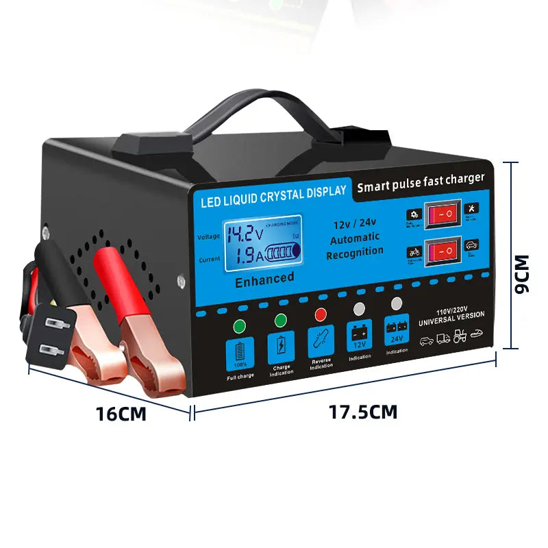 12V and 24V Smart Universal Battery Charger with LCD Display, Smart Maintenance, Temperature Compensation, Overcharge and Short-Circuit Protection, Suitable for Intelligent Trickle Charging and Maintenance of Car, SUV, Truck, Yacht, Emergency Starter