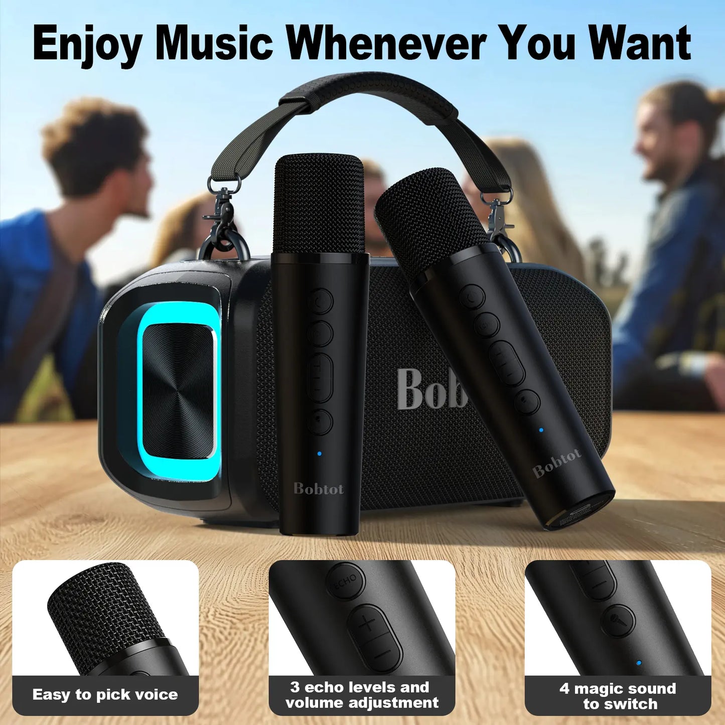 Bobtot ET200 Bluetooth Portable Speaker with 2 Wireless Mics, 40W Full Bass Audio, IPX5 Waterproof, Weatherproof Loudspeaker System, 8000Mah Battery, Handle Design for Home & Party, Water Proof,Summervibes