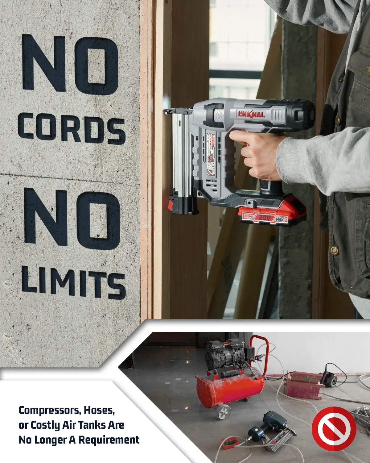 LINKNAL Electric Nail Gun, Cordless Brad Nailer, 18 Gauge, 2×20V Li-Ion Batteries, Charger & 1000 Nails Included (L820-BN) - Tool Cordless Heavy Duty