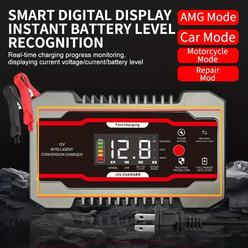 12V and 24V Smart Universal Battery Charger with LCD Display, Smart Maintenance, Temperature Compensation, Overcharge and Short-Circuit Protection, Suitable for Intelligent Trickle Charging and Maintenance of Car, SUV, Truck, Yacht, Emergency Starter