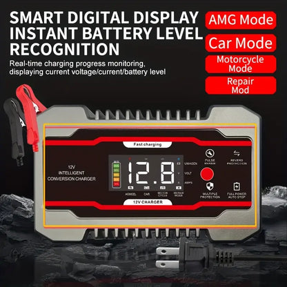 12V and 24V Smart Universal Battery Charger with LCD Display, Smart Maintenance, Temperature Compensation, Overcharge and Short-Circuit Protection, Suitable for Intelligent Trickle Charging and Maintenance of Car, SUV, Truck, Yacht, Emergency Starter