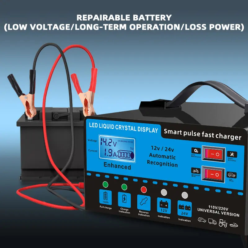 12V and 24V Smart Universal Battery Charger with LCD Display, Smart Maintenance, Temperature Compensation, Overcharge and Short-Circuit Protection, Suitable for Intelligent Trickle Charging and Maintenance of Car, SUV, Truck, Yacht, Emergency Starter