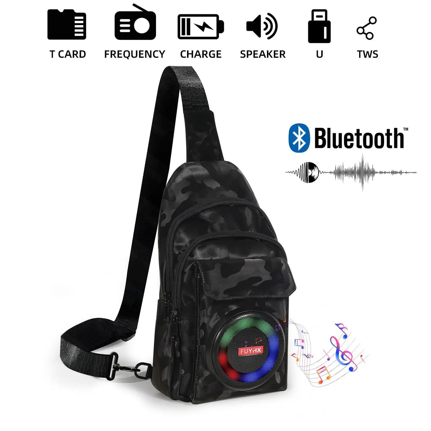 Waterproof Bluetooth 5.3 Outdoor Speakers Chest Bag with 10W Subwoofer and Built-In Battery for Leisure Activities