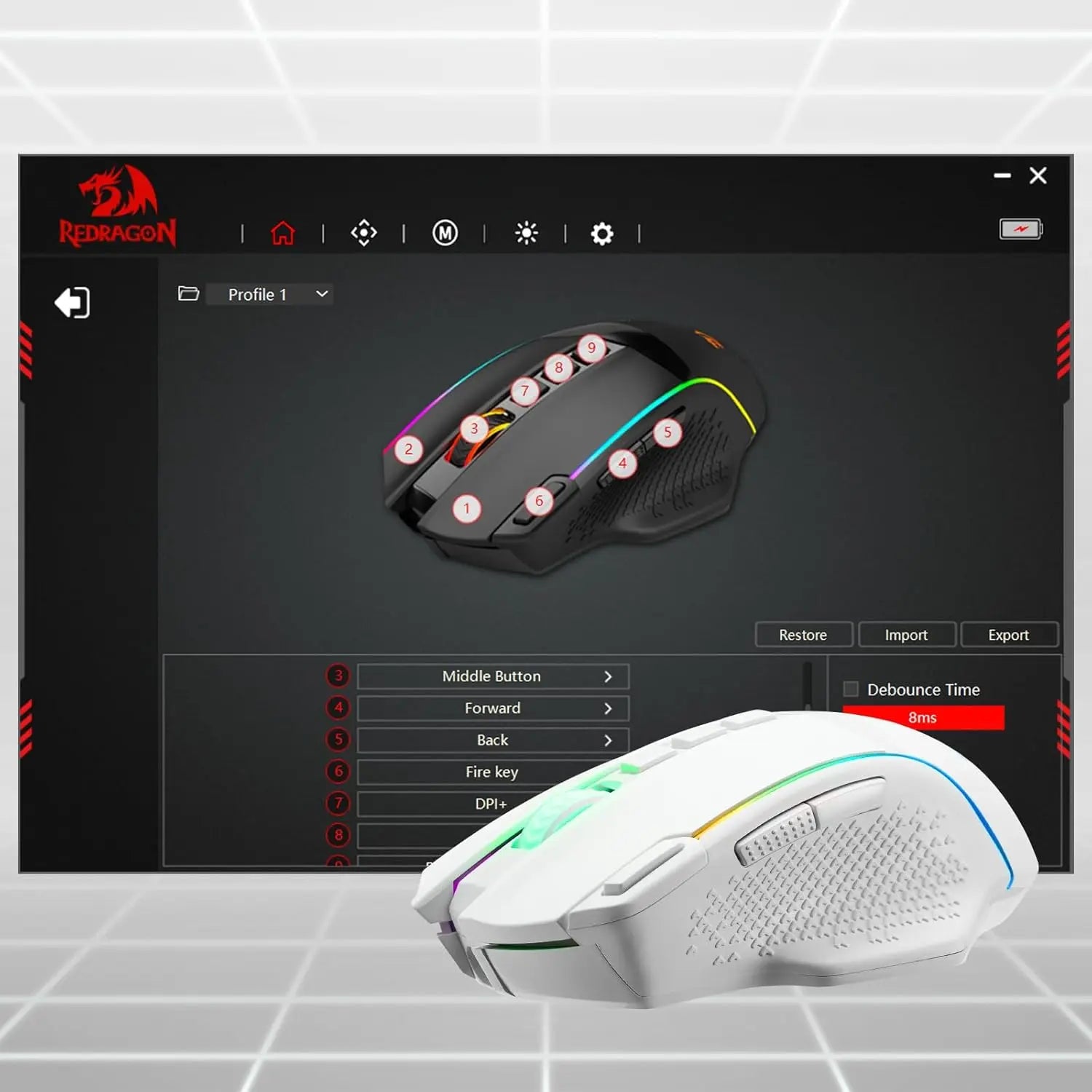 Redragon M991 Wireless Gaming Mouse, 26000 DPI 3-Mode Gamer Mice W/Rapid Fire Key, 9 Macro Buttons, Powerful Capacity and RGB Backlight for Pc/Mac/Laptop, White